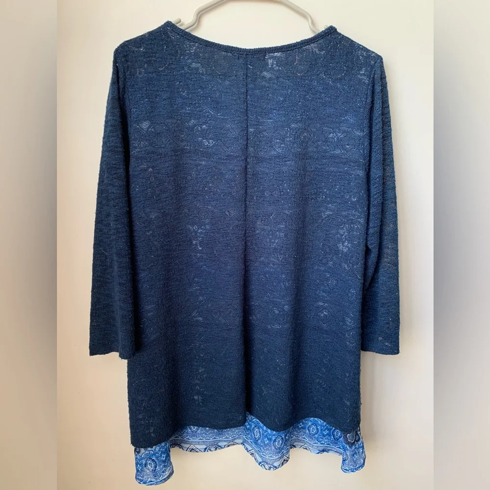 WESTPORT Women’s Navy Blue Overlay Sweater 3/4 Sheer Sleeve Sweater